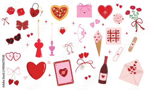 Set of love elements, valentines day hand drawn coquette vector illustrations