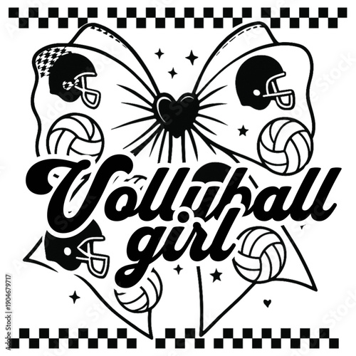 A graphic design featuring a volleyball girl with a heart and helmets
