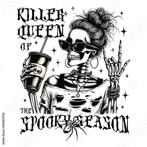 A skeleton woman wearing sunglasses and a spooky queen costume happily