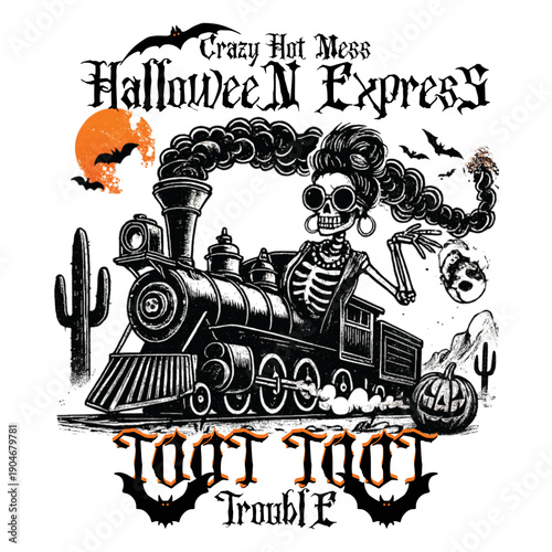 A spooky skeleton woman drives a Halloween train with a cactus nearby