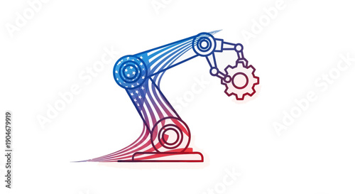 American industrial robot holding gear symbolizing innovation and patriotic manufacturing future