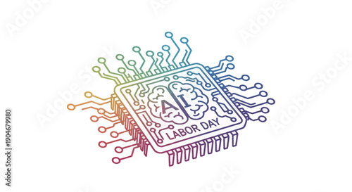 Artificial Intelligence and Labor Day Concept Illustration Digital Brain Microchip with Rainbow