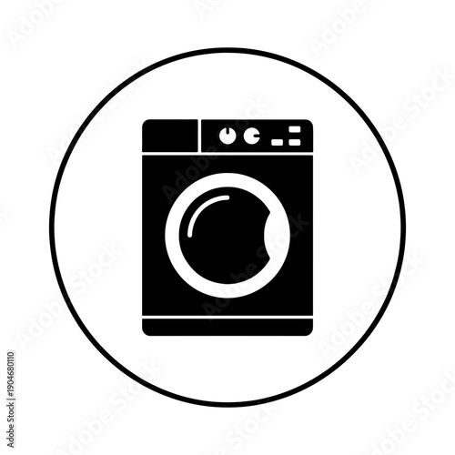 Round laundromat sign icon, front load washing machine silhouette