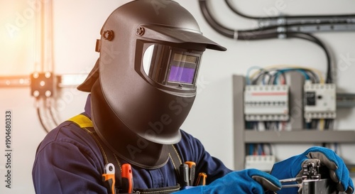 A man in a welding helmet and protective gear working on electrical equipment in a workshop.
