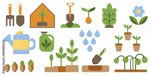 Vector illustration set with spring gardening elements: garden tools, watering can, fertilizer, young sprouts, seedlings and water drops. Perfect for spring banners, cards and promo designs