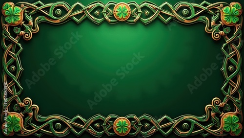 Golden ornamental frame with shamrock clover on green background, luxury irish decorative border design, concept of st patrick's day greetings, invitation cards