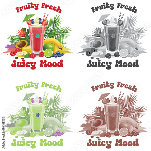 A colorful illustration of four different fruit smoothies with vibrant ingredients