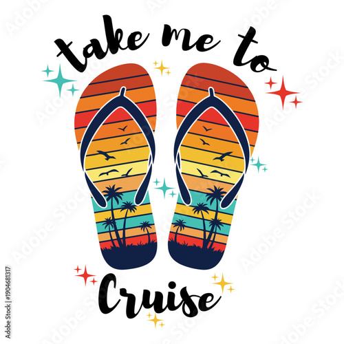 A colorful illustration of flip flops with a tropical cruise vibe