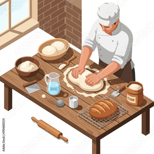 Baker kneading dough on a wooden table with baking ingredients.