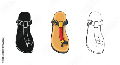 Set of three flip-flop sandal icons in black, color, and outline