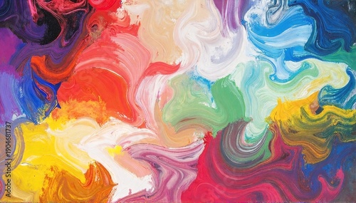 a vibrant abstract painting with thick, colorful paint strokes blending and overlapping on canvas
