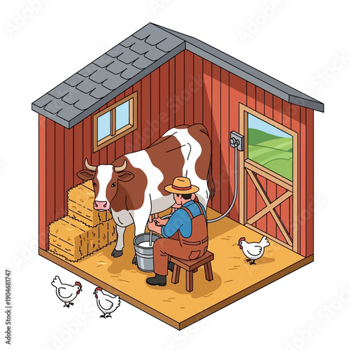 Farmer milking a cow in a red barn with chickens nearby.