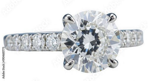 Elegant solitaire diamond engagement ring with delicate band and side stones isolated on transparent background