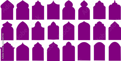 Luminous collection of 27 varied Islamic arch and mihrab shapes in a shimmering gold and yellow gradient, perfect for elegant spiritual and cultural designs.