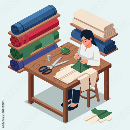 Woman sewing fabric at a wooden worktable with rolls of colored material.