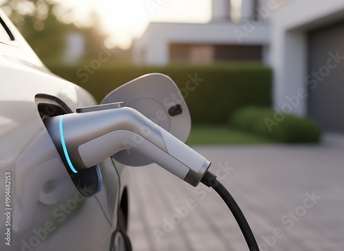 Electric car charging at home in residential driveway