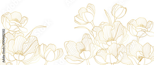 Floral line vector background with gold outline blossoms in wide border composition in gold and cream and white. Elegant design for invitation, card, stationery, packaging.