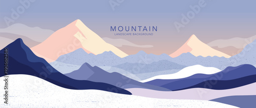 Mountain landscape vector background with pastel snowy peaks with soft blue and lilac layers in blue and navy and lilac. Calm design for poster, wallpaper, web, print.