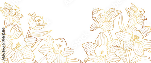 Floral line vector background with gold outline spring flowers in panoramic border in gold and cream and white. Delicate design for invitation, card, stationery, packaging.