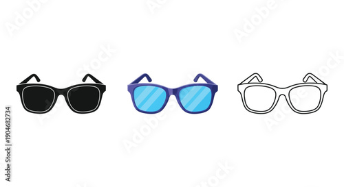 Set of three sunglasses icons in solid black, blue lenses, and outline