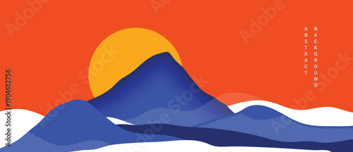 Mountain landscape vector background with blue mountain silhouette with yellow sun on orange sky in orange and blue and yellow. Bold design for poster, cover, banner, wallart.