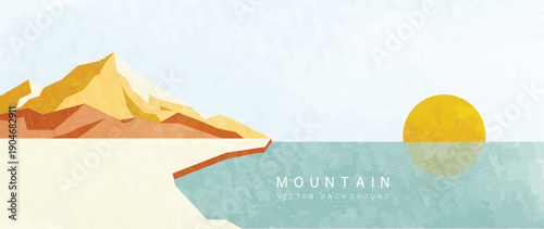 Mountain landscape vector background with coastal mountains with turquoise sea and yellow sun in turquoise and teal and yellow. Summer design for banner, poster, cover, travel.