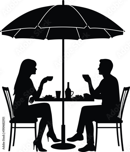 Silhouette of a romantic couple dating at a sidewalk cafe under an umbrella, man and woman drinking coffee together outdoors