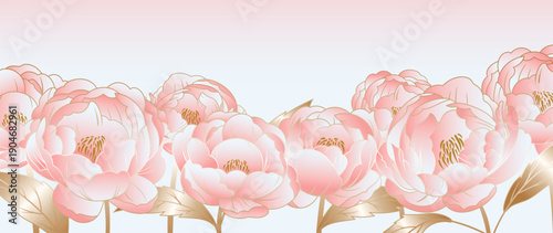 Peony flowers vector background with soft pink peony bouquet border with gentle gradient sky in pink and blush and white. Romantic design for wedding, card, invitation, banner.
