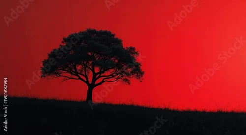Obraz Silhouette of a tree on a hill with a red sky red black background
