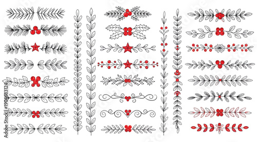 Christmas Dividers Vector Set, Hand-Drawn Ornamental Winter Holiday Borders, Floral Text Decorations, Fir and Holly Branch Separators, Elegant Xmas Design