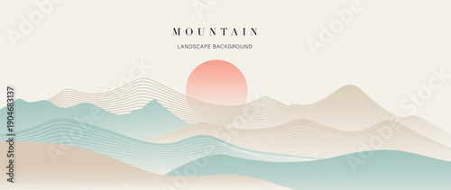 Mountain landscape vector background with beige green waves with pink sun and gentle gradients in beige and green and mint. Soft design for wallpaper, poster, cover, branding.