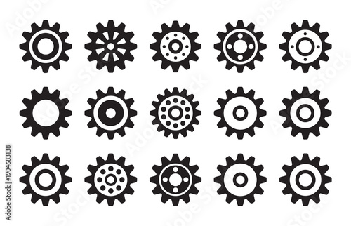 Abstract mechanical cogwheel symbols showing various spoke and hub configurations for industrial use
