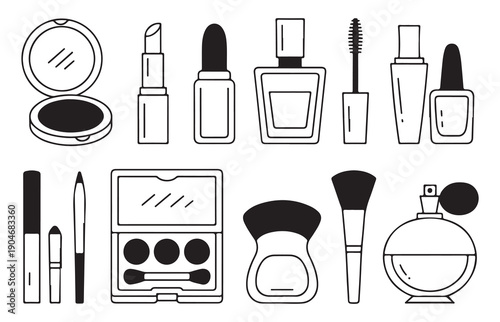 Feminine beauty kit illustrations set containing fragrance bottles lipstick and eyeshadow palette tool