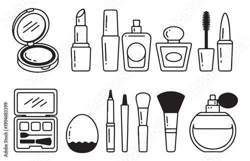 Beauty fashion cosmetic makeup icon set, black and white line art vector illustration for spa salon