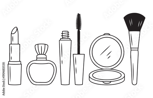 Set of hand drawn beauty products with lipstick decorative perfume mascara and face powder compacts