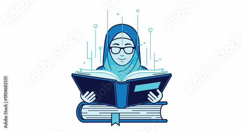 Muslim woman in hijab and glasses focused on reading a book, symbolizing education, knowledge, and digital learning. Modern flat design illustration.