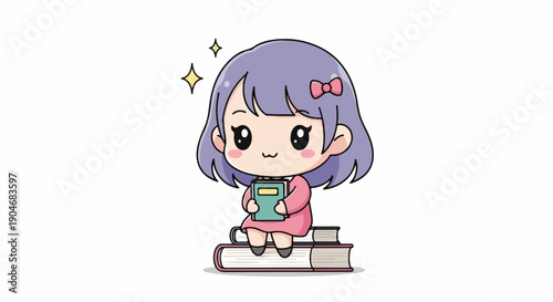 Cute chibi cartoon girl with purple hair and pink bow, happily sitting on a stack of books, holding a green book. Symbolizing childhood learning, education, and knowledge.