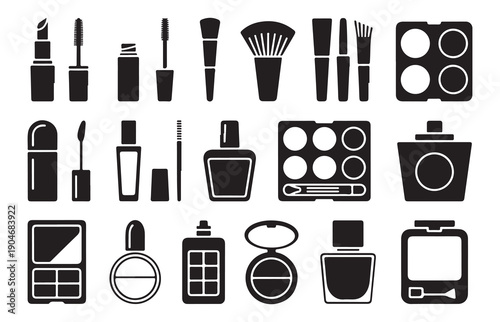 Beauty cosmetics set with makeup icons silhouette collection isolated on white background vector art