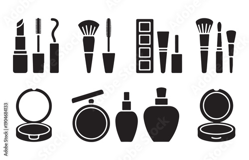 Cosmetic products silhouette icons set with makeup accessories for feminine beauty routine vector art