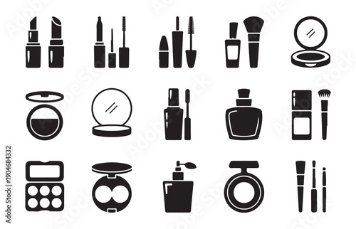 Beauty products solid black icons set including makeup essentials and cosmetic containers