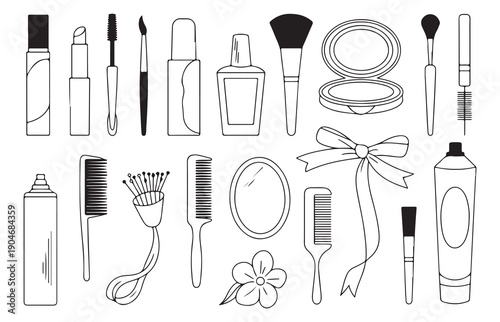 Cosmetics and beauty products outline vector set for makeup and hygiene needs on white background