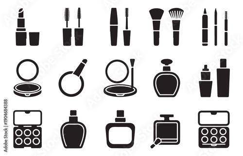 Cosmetic and beauty product silhouette icons set for makeup and personal care applications