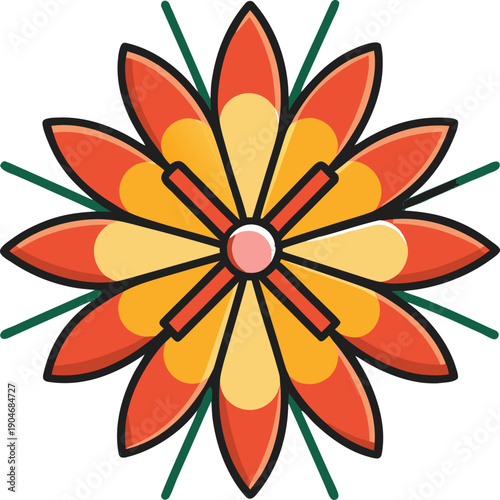 Minimalist vector icon of a firecracker bursting into flower petals, gentle explosion alternative