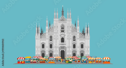 Milan Cathedral Gothic Architectural Marvel with Open-Air Market Stalls Illustrating Vibrant Urban Culture and Tourism Popularity