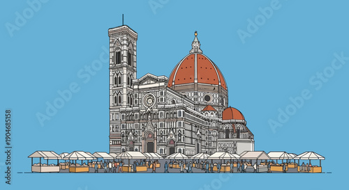 Florence Cathedral Illustration - A Detailed Line Art Depiction of Santa Maria del Fiore with Giotto's Campanile and a Blue Sky Background with Market Stalls