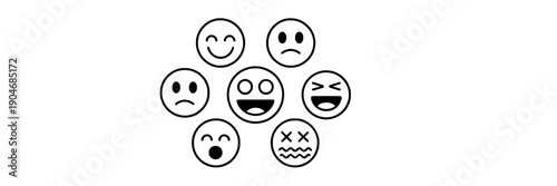 Emoticons set with various facial expressions, simple black outline, minimalist design, diverse emotions, flat icons, user feedback, emotional responses