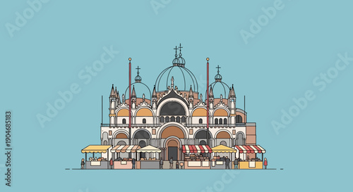 A beautifully illustrated representation of a grand cathedral's facade, complete with market stalls set up in front of it under a clear blue sky