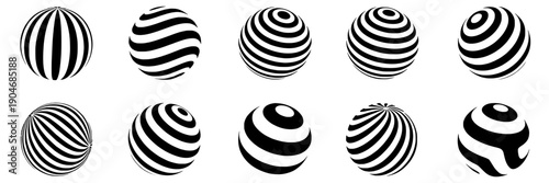 Spheres black and white striped set with various patterns and designs for graphic use featuring illustration, abstract, shapes with geometric and decorations elements for ornaments, art projects,