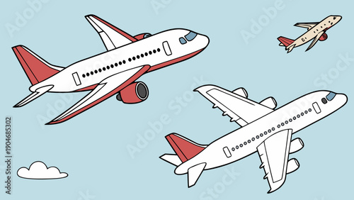 Three commercial airplanes flying together in a clear light blue sky with a small white cloud