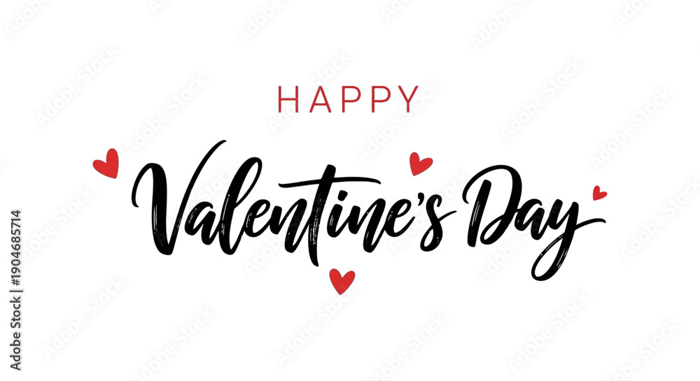 Fototapeta premium Happy Valentine's Day elegant calligraphy, romantic greeting card lettering with red hearts, minimalist holiday vector illustration on white background